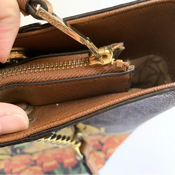 Calvin Klein Monogram Brown Floral Leather Chain Tote Bag - Picture 5 of 12